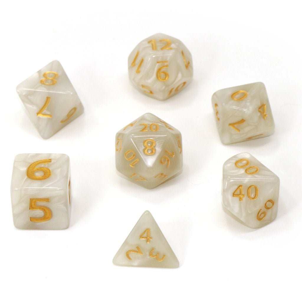 Mega Dice - 30mm White Pearl Swirl Dice w/ Gold Numbers 7-piece RPG Set
