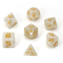 TwoFaad - Mega Dice - 30mm White Pearl Swirl Dice w/ Gold Numbers 7-piece RPG Set