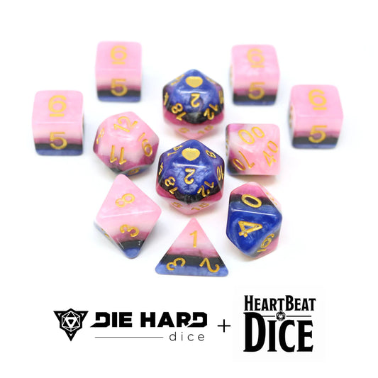 Die Hard Dice - Heartbeat Dice - Opaque Genderfluid Pride 11 Piece RPG Set