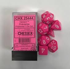 CHX25444 Opaque Pink w/ White numbers Standard set of 7 dice.
