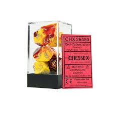 CHX26450 Gemini Red-Yellow dice w/ Silver numbers