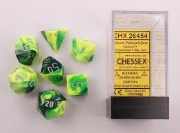 CHX26454 Gemini Green-Yellow dice w/ Silver numbers
