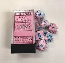 CHX27544 Festive Pop Art dice w/ Blue numbers
