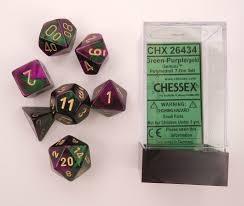CHX26434 Gemini Green-Purple dice w/ Gold numbers
