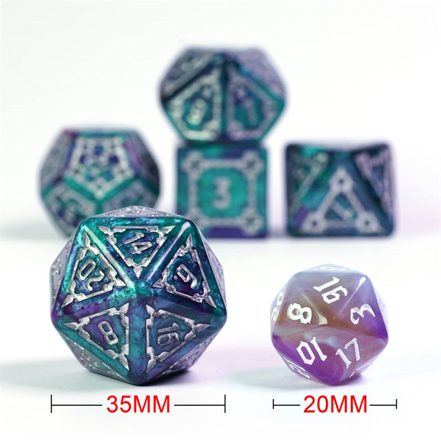 Huge Castle Dice Teal and Purple with Silver Numbers 25mm