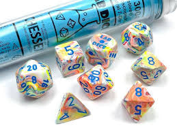 Chessex - 30047 Lab Dice Festive Kaleidoscope w/Blue Numbers